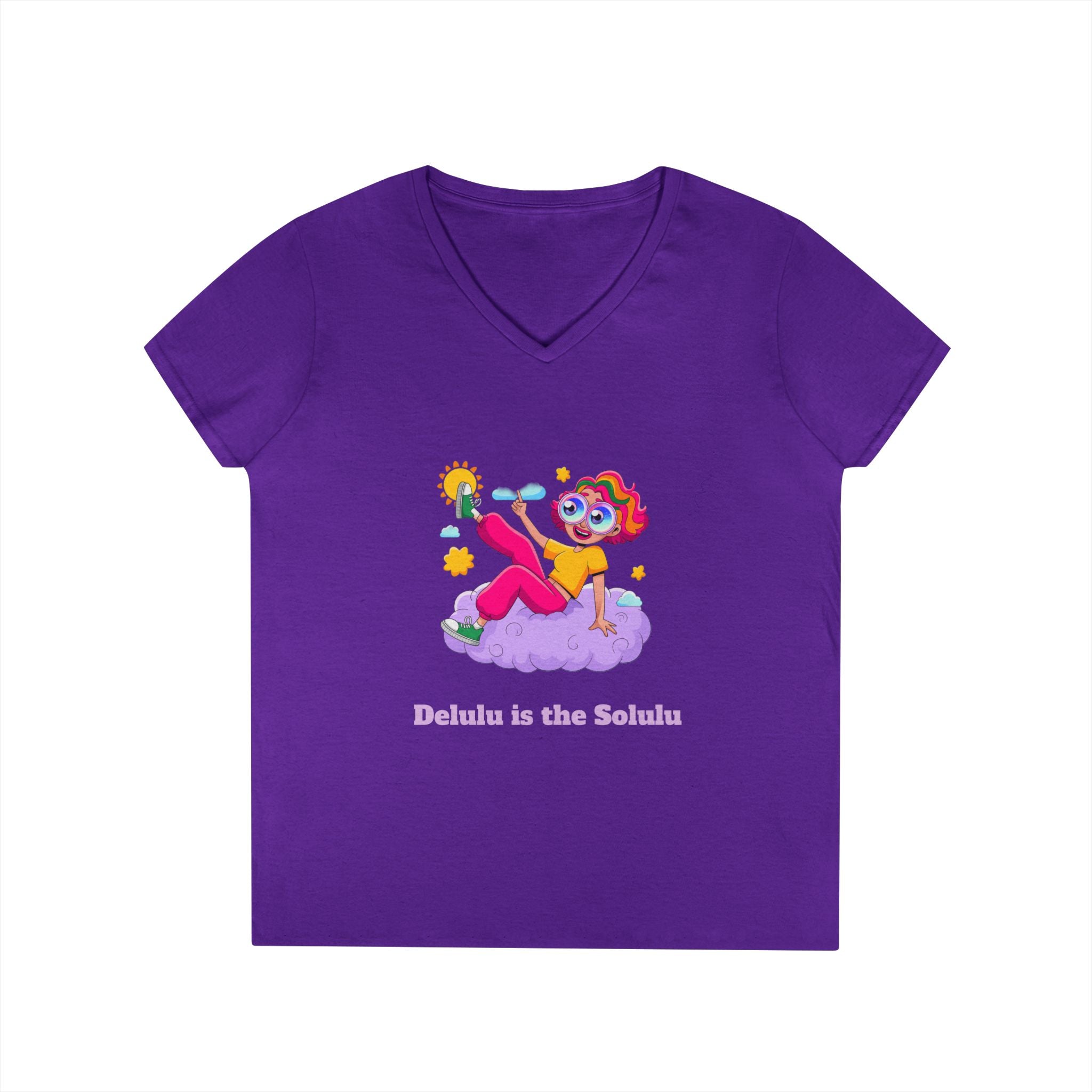 Ladies' V-Neck T-Shirt — "Delulu is the Solulu"
