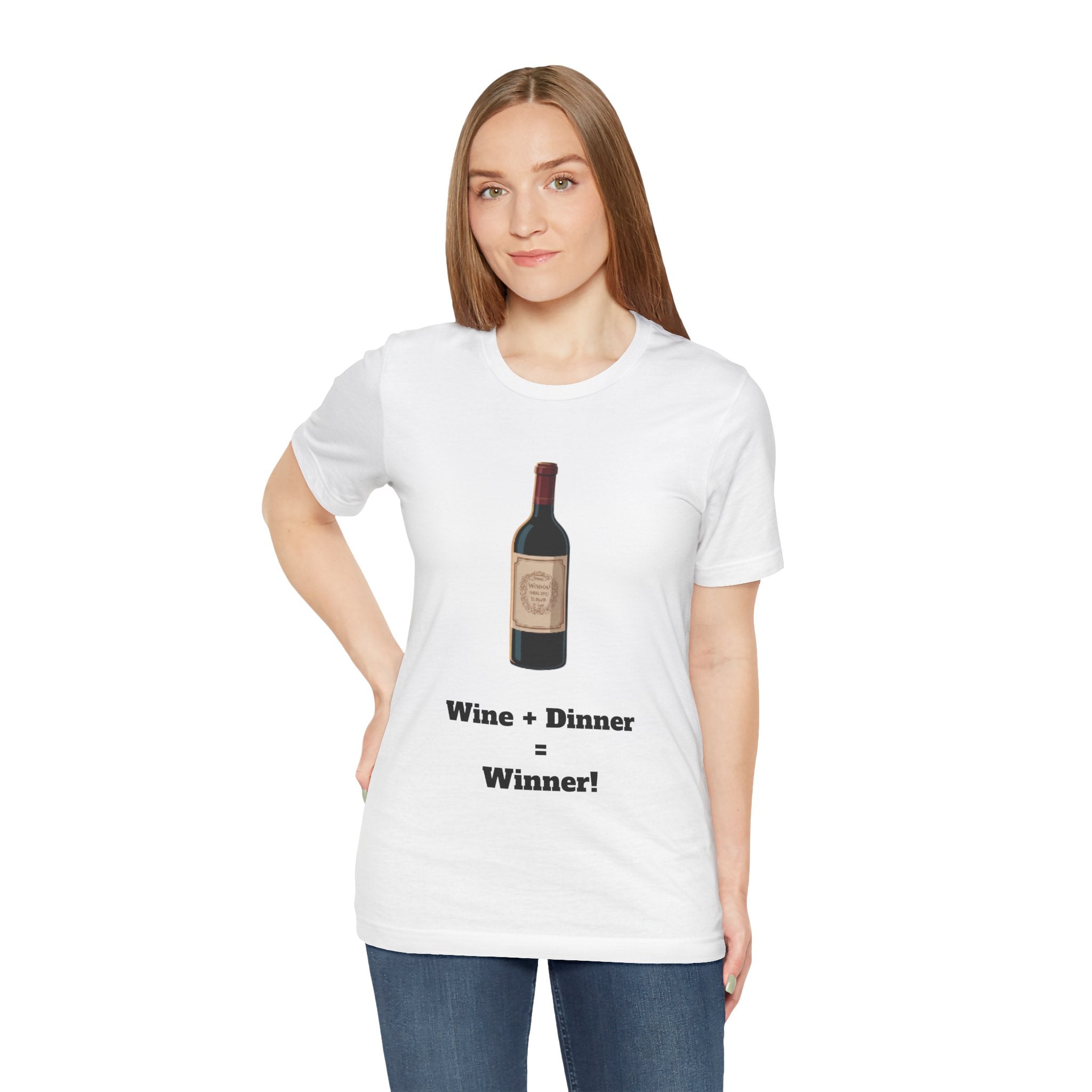White / Crew-Neck: ’Wine + Dinner = Winner’ - Graphic Tee - T-Shirt