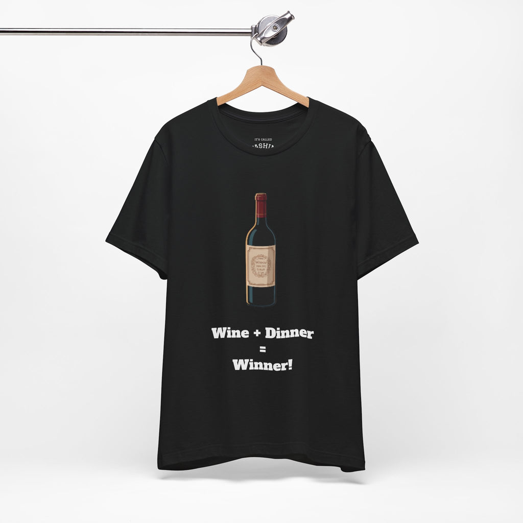 Black / Crew-Neck: ’Wine + Dinner = Winner’ - Graphic Tee - T-Shirt