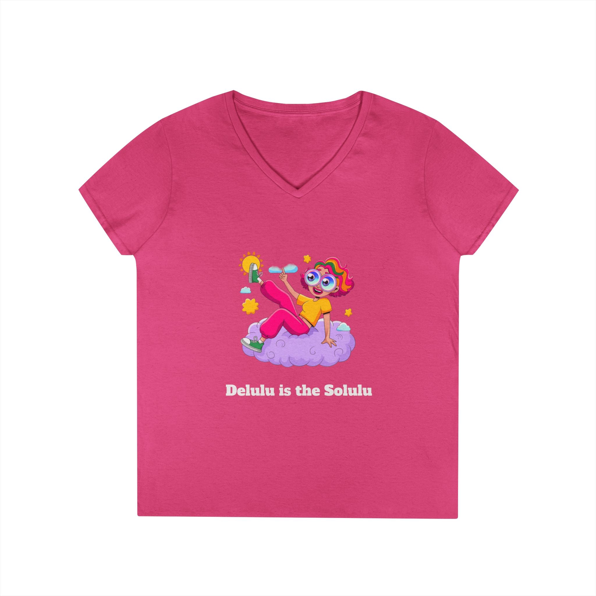 Ladies' V-Neck T-Shirt — "Delulu is the Solulu"