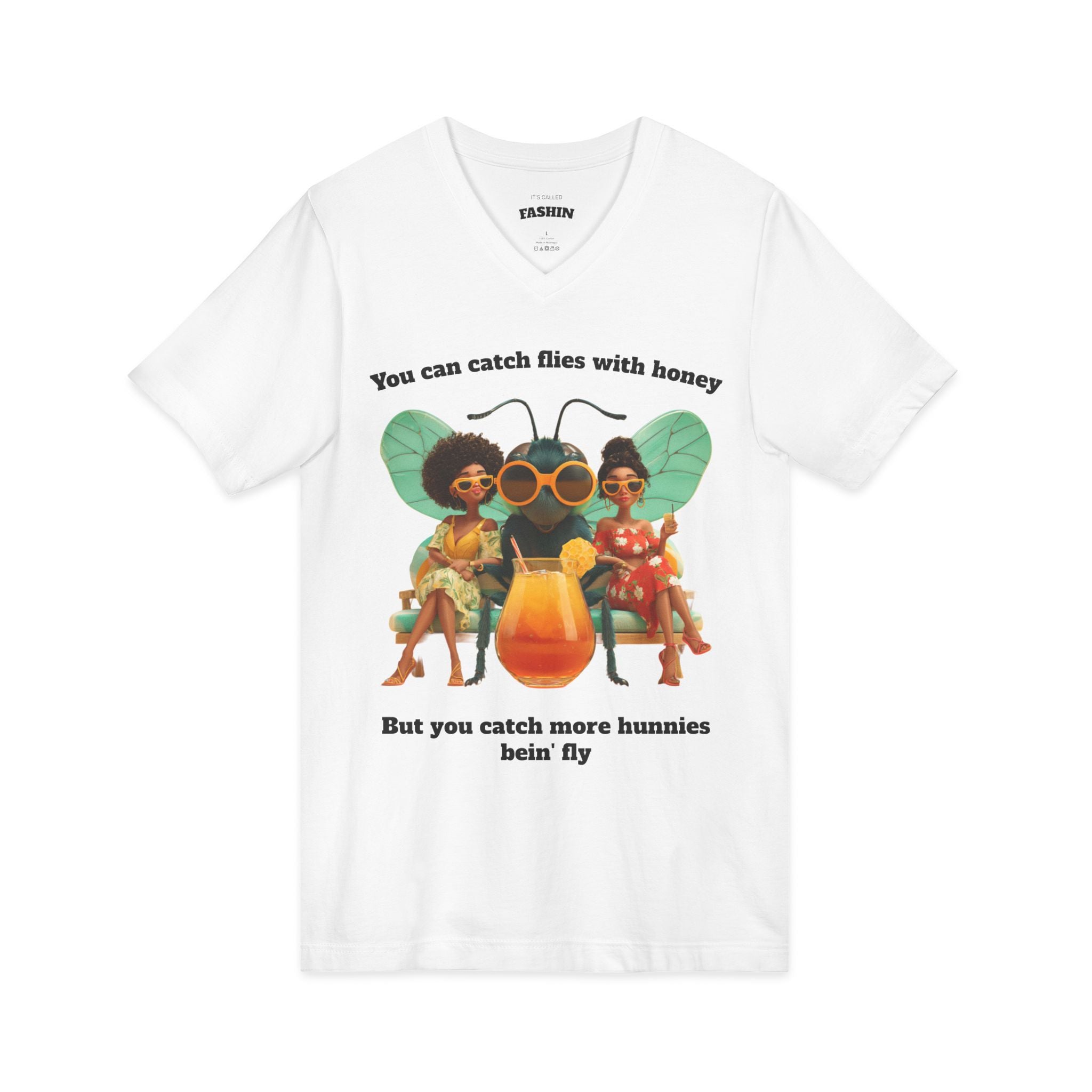 White / V-Neck: ’Catch More Hunnies’ - Graphic Tee - V-neck