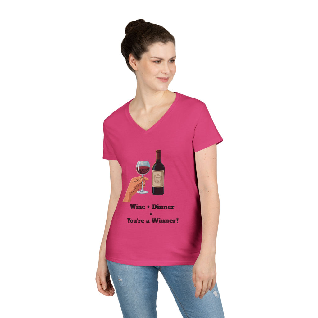 Ladies' V-Neck T-Shirt — "Wine + Dinner = You're a Winner" Graphic Tee