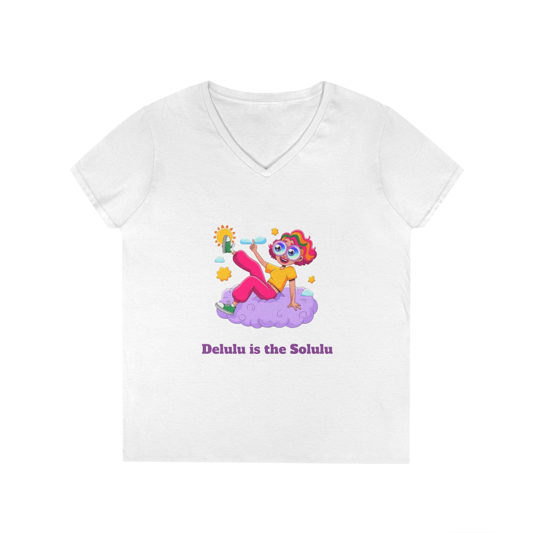 Ladies' V-Neck T-Shirt — "Delulu is the Solulu"