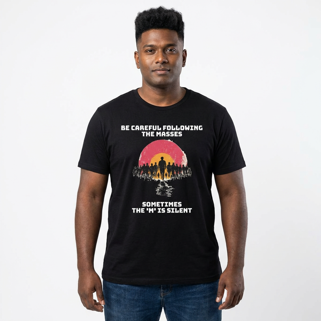 Black / Crew-Neck Performance Soft: ’The M is silent’ - Graphic Tee - T-Shirt