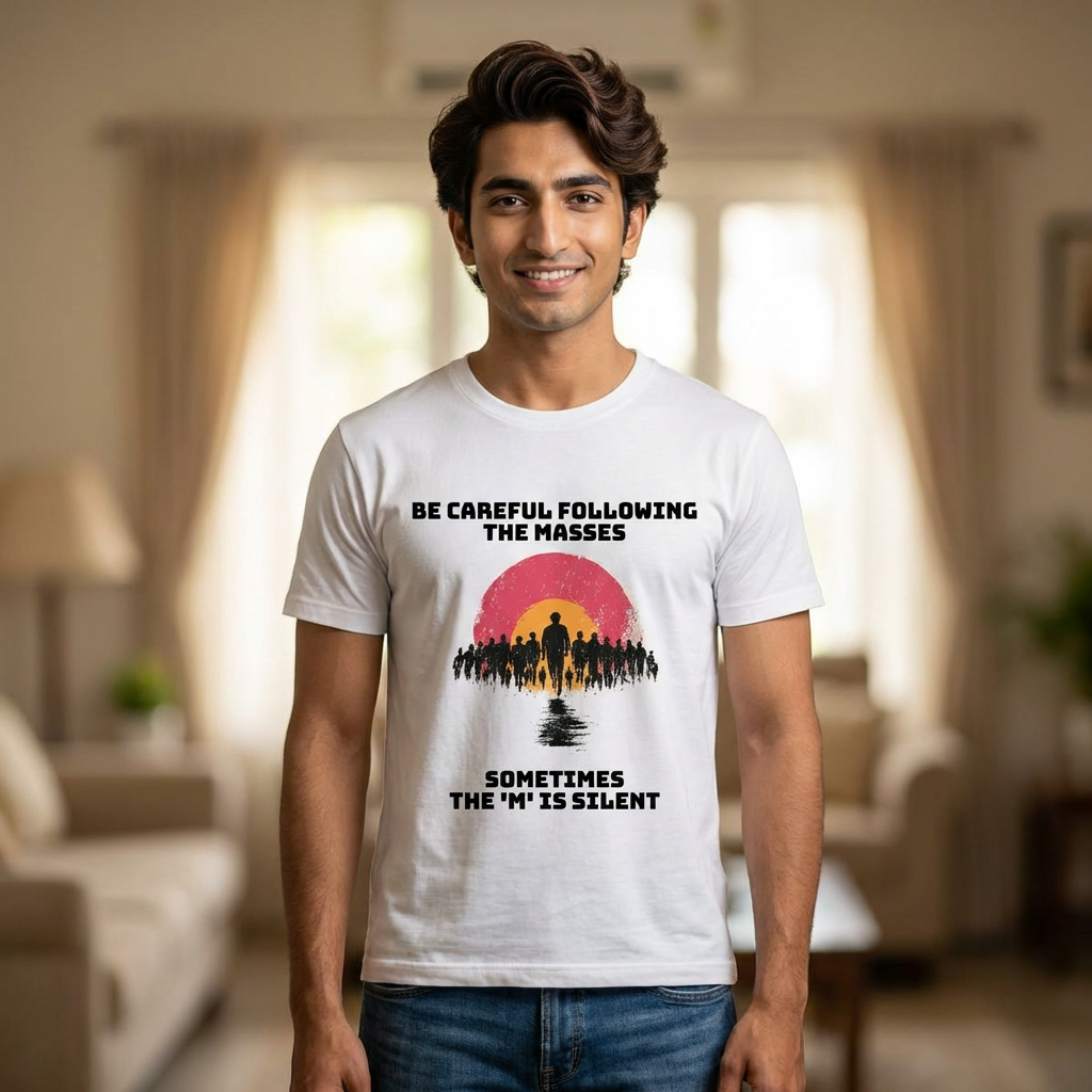 White / Crew-Neck Performance Soft: ’The M is silent’ - Graphic Tee - T-Shirt