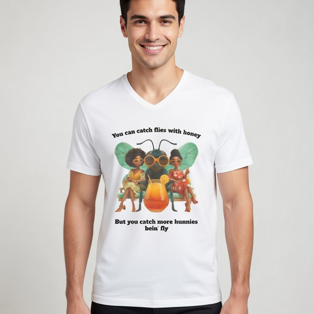 White / V-Neck: ’Catch More Hunnies’ - Graphic Tee - V-neck