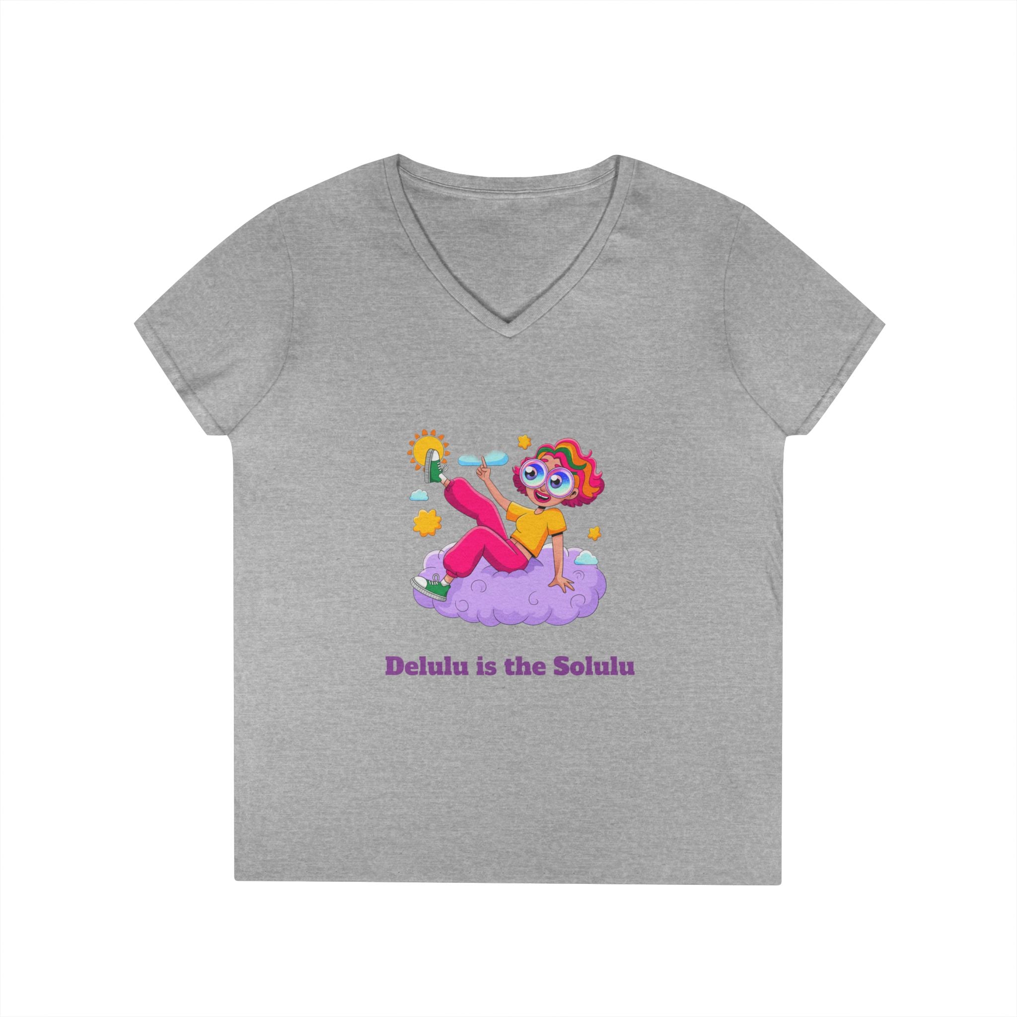 Ladies' V-Neck T-Shirt — "Delulu is the Solulu"