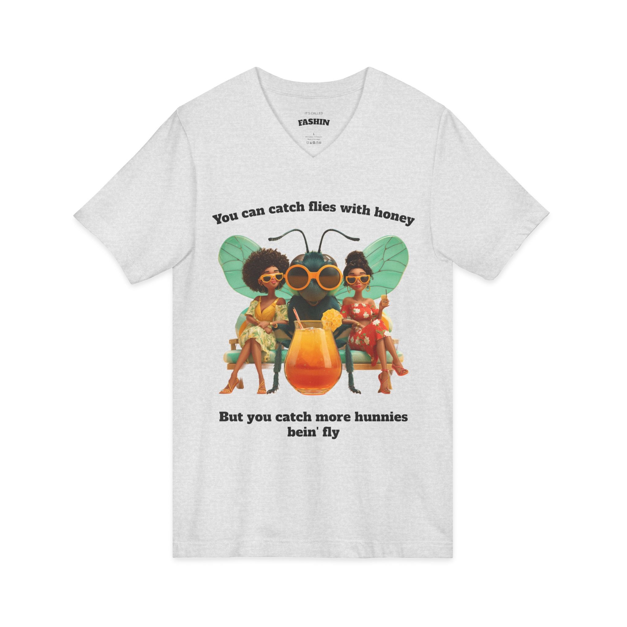 Ash / V-Neck: ’Catch More Hunnies’ - Graphic Tee - V-neck