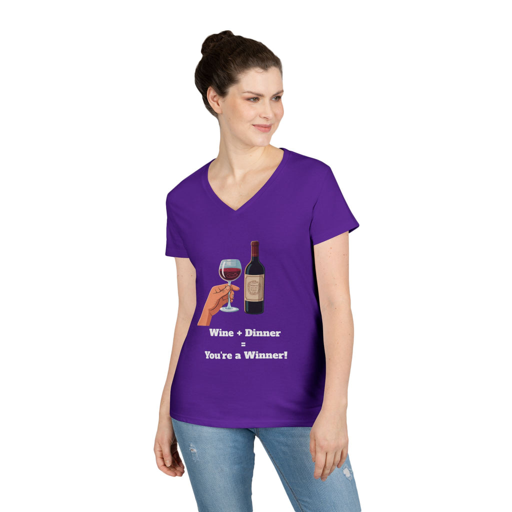 Ladies' V-Neck T-Shirt — "Wine + Dinner = You're a Winner" Graphic Tee