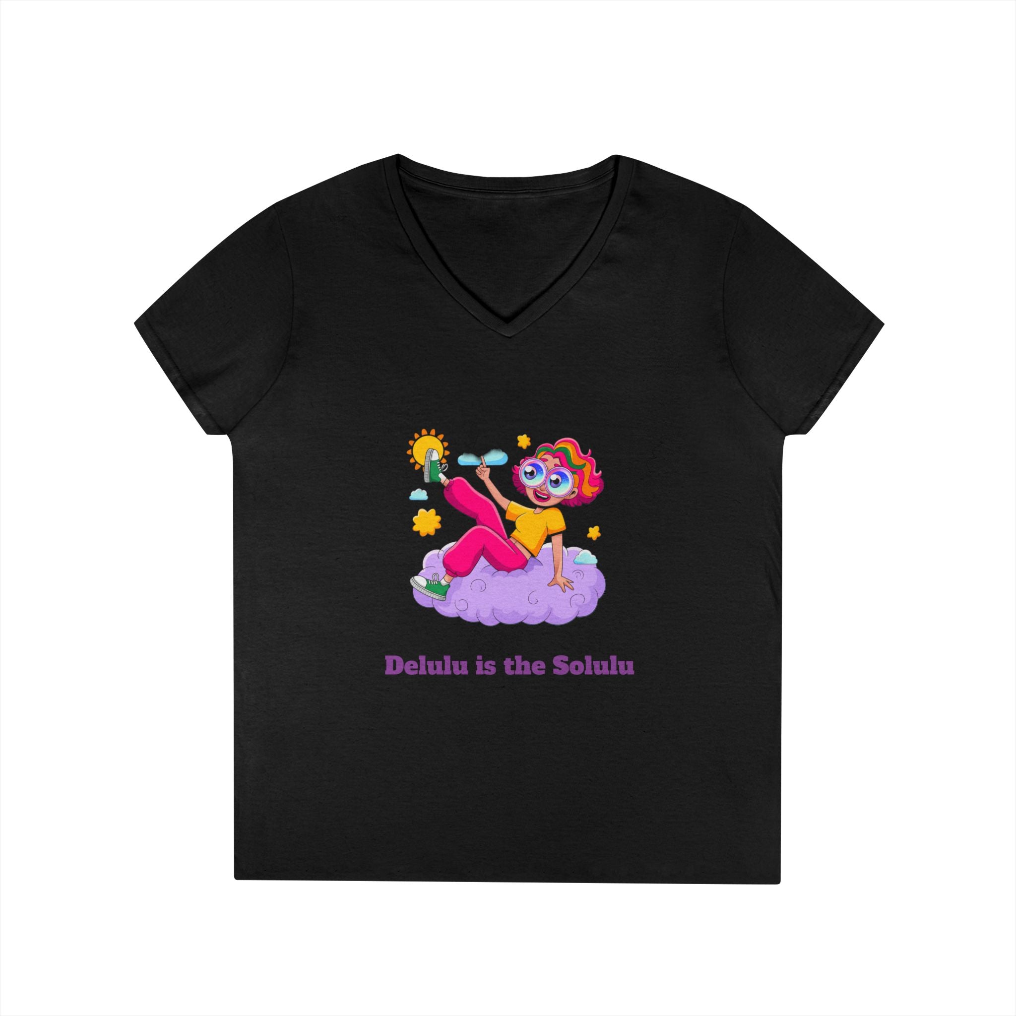 Ladies' V-Neck T-Shirt — "Delulu is the Solulu"