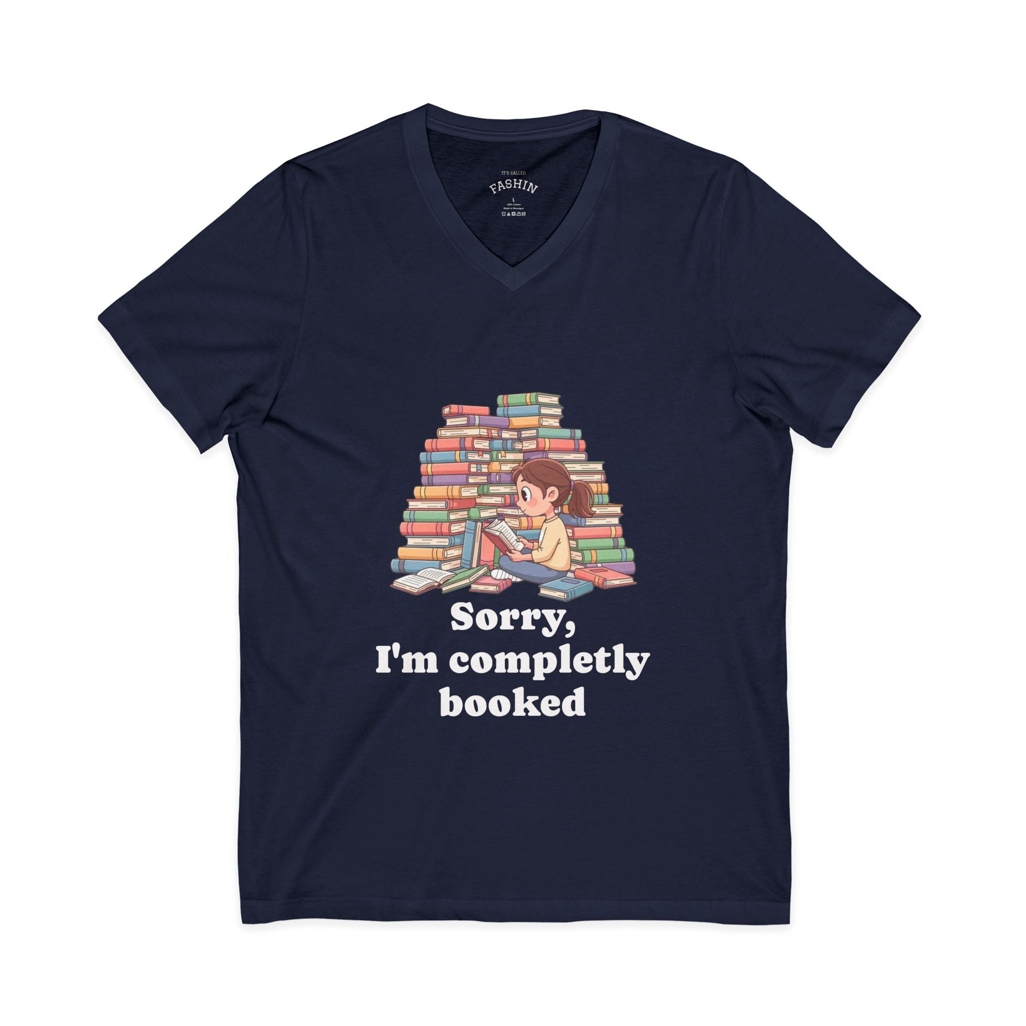 Navy / Booked for the Night T-Shirt V Neck, ’Booked’ Reading Lover Tee - V-neck