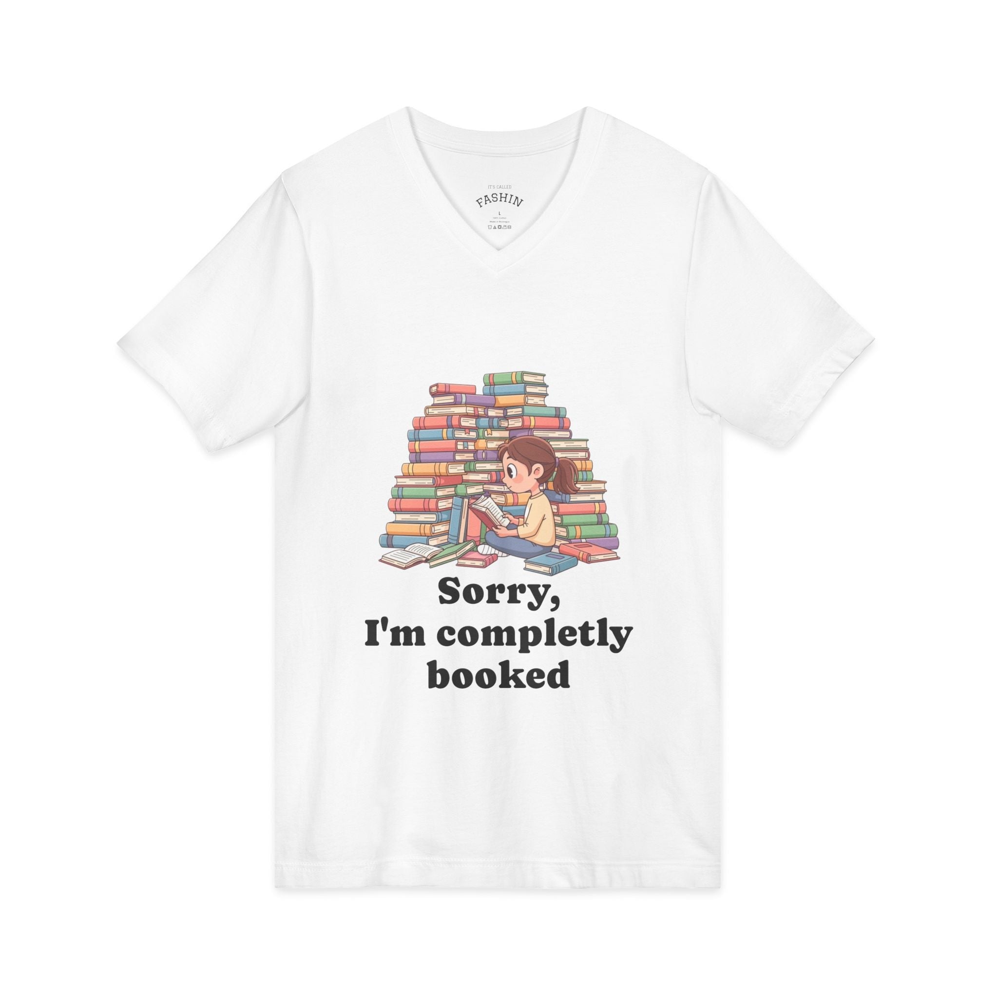 White / Booked for the Night T-Shirt V Neck, ’Booked’ Reading Lover Tee - V-neck