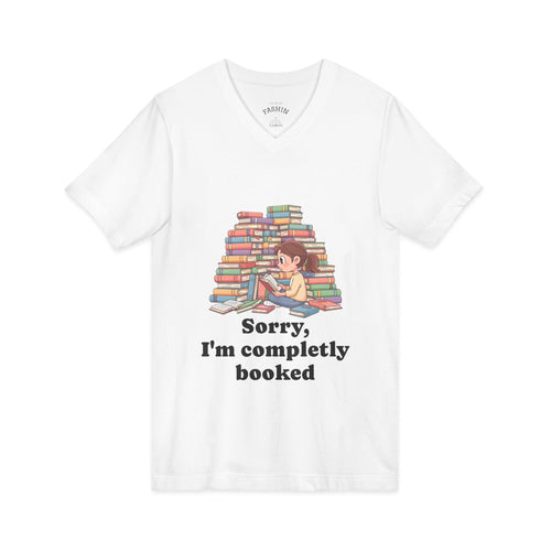 White / Booked for the Night T-Shirt V Neck, ’Booked’ Reading Lover Tee - V-neck