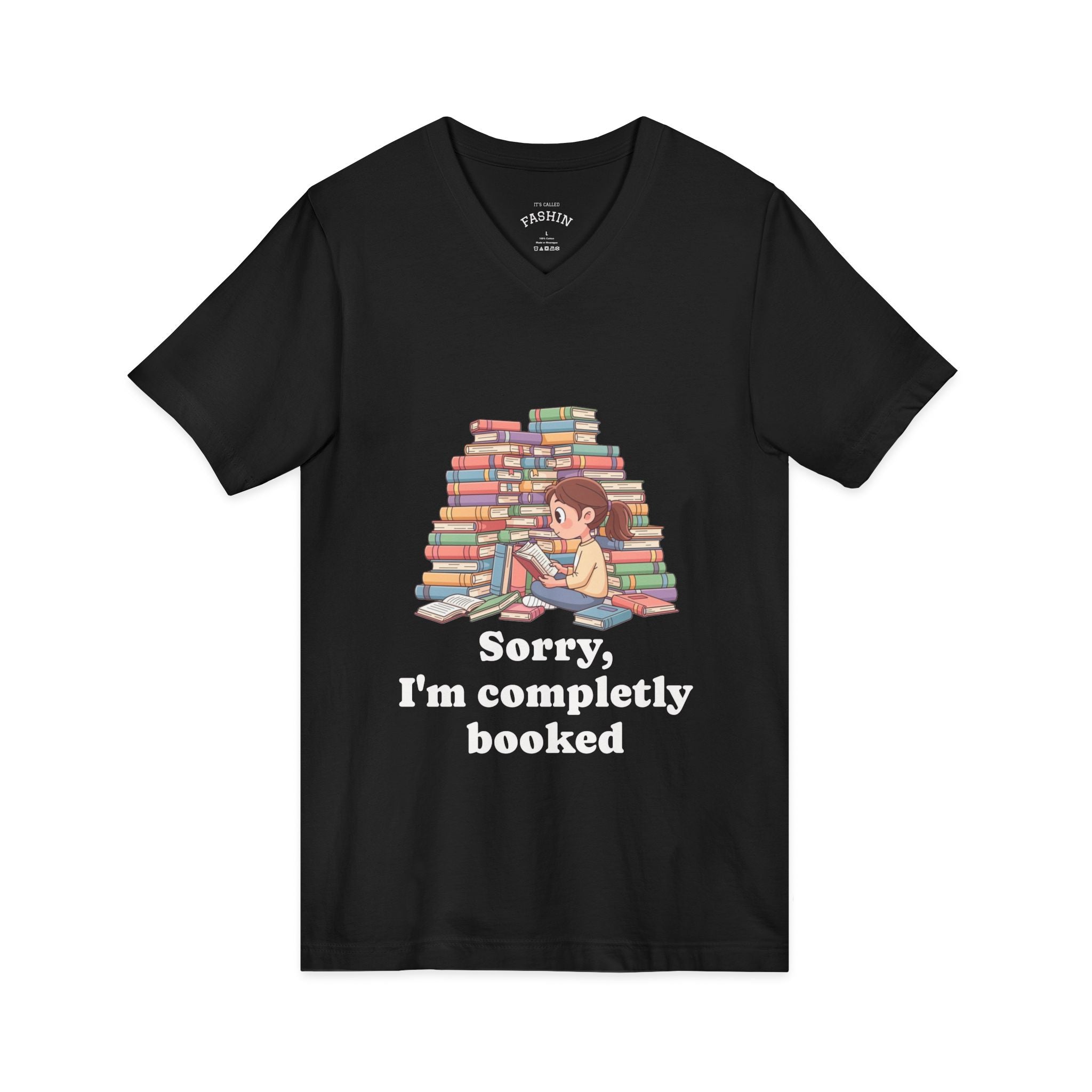 Black / Booked for the Night T-Shirt V Neck, ’Booked’ Reading Lover Tee - V-neck