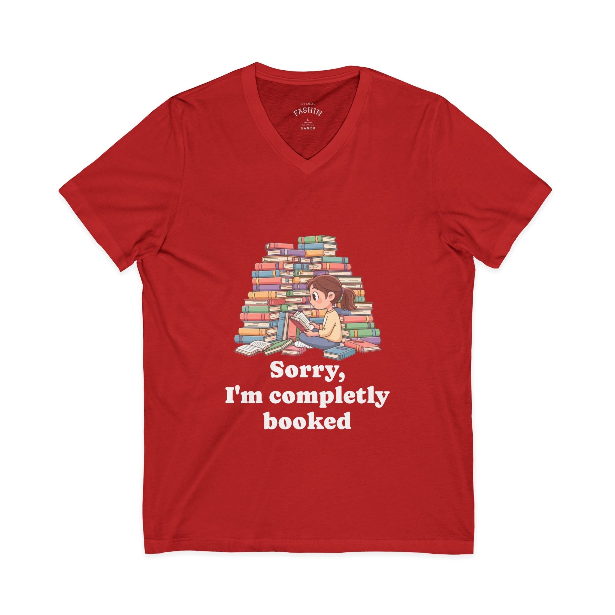 Red / S Booked for the Night T-Shirt V Neck, ’Booked’ Reading Lover Tee - V-neck