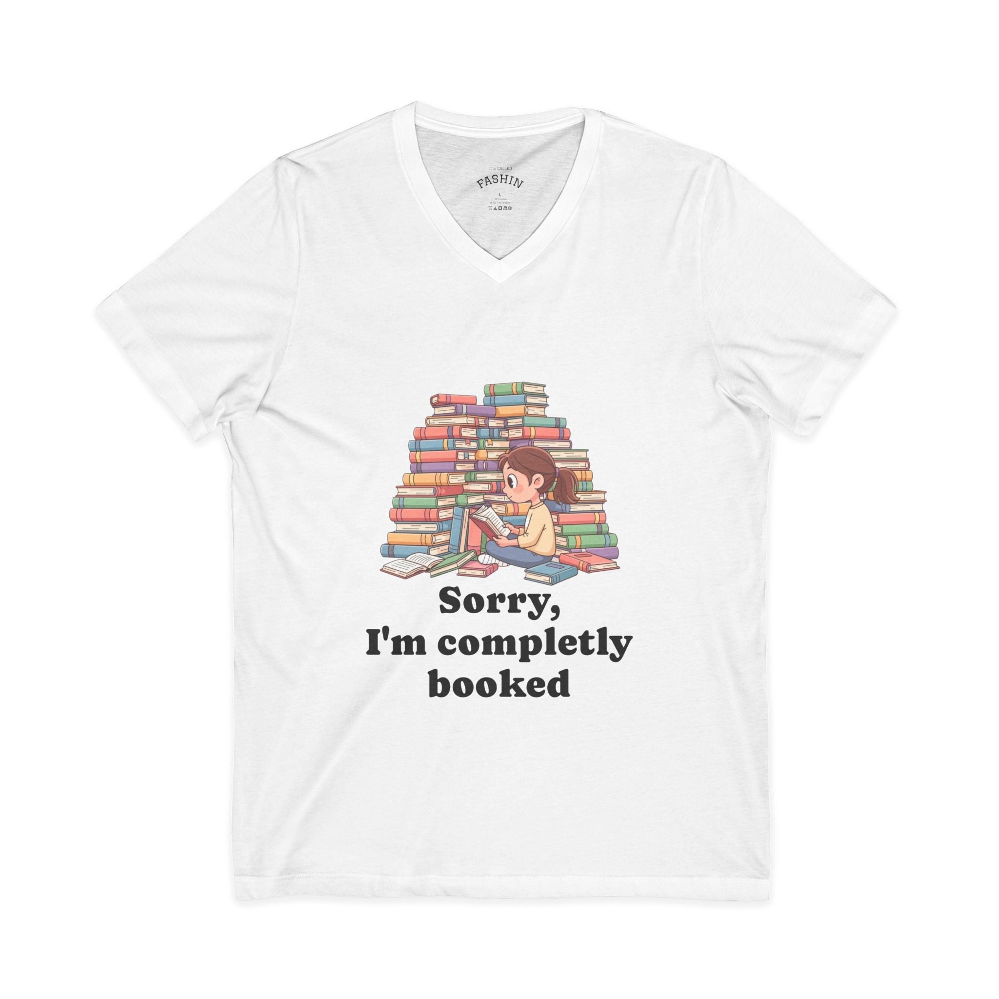 White / Booked for the Night T-Shirt V Neck, ’Booked’ Reading Lover Tee - V-neck