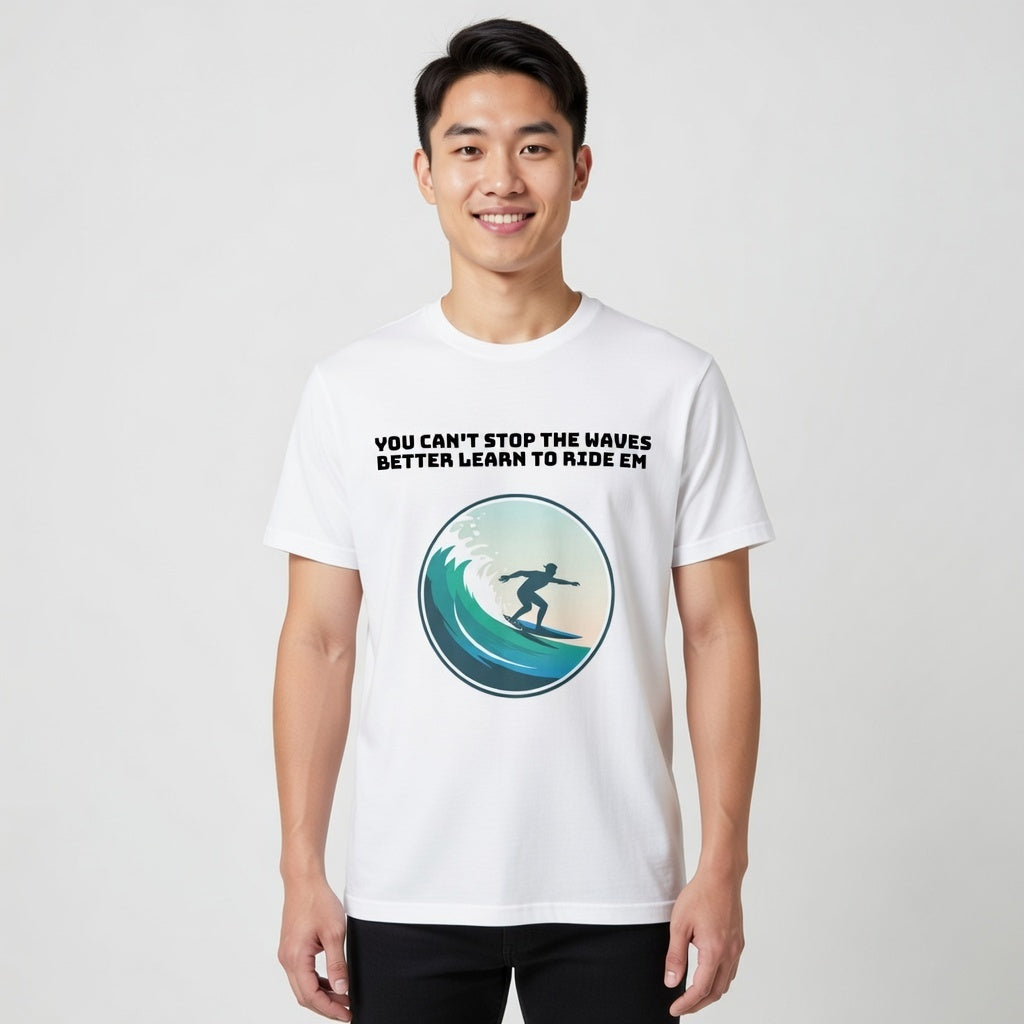 White / Crew-Neck: ’Can’t Stop the Waves’ - Graphic Tee - T-Shirt