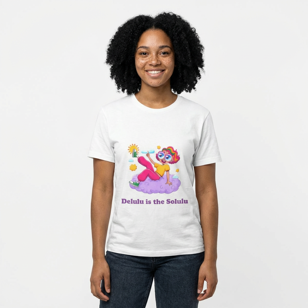 White / Crew-Neck: Women’s ’Delulu is the Solulu’ - Graphic Tee - T-Shirt