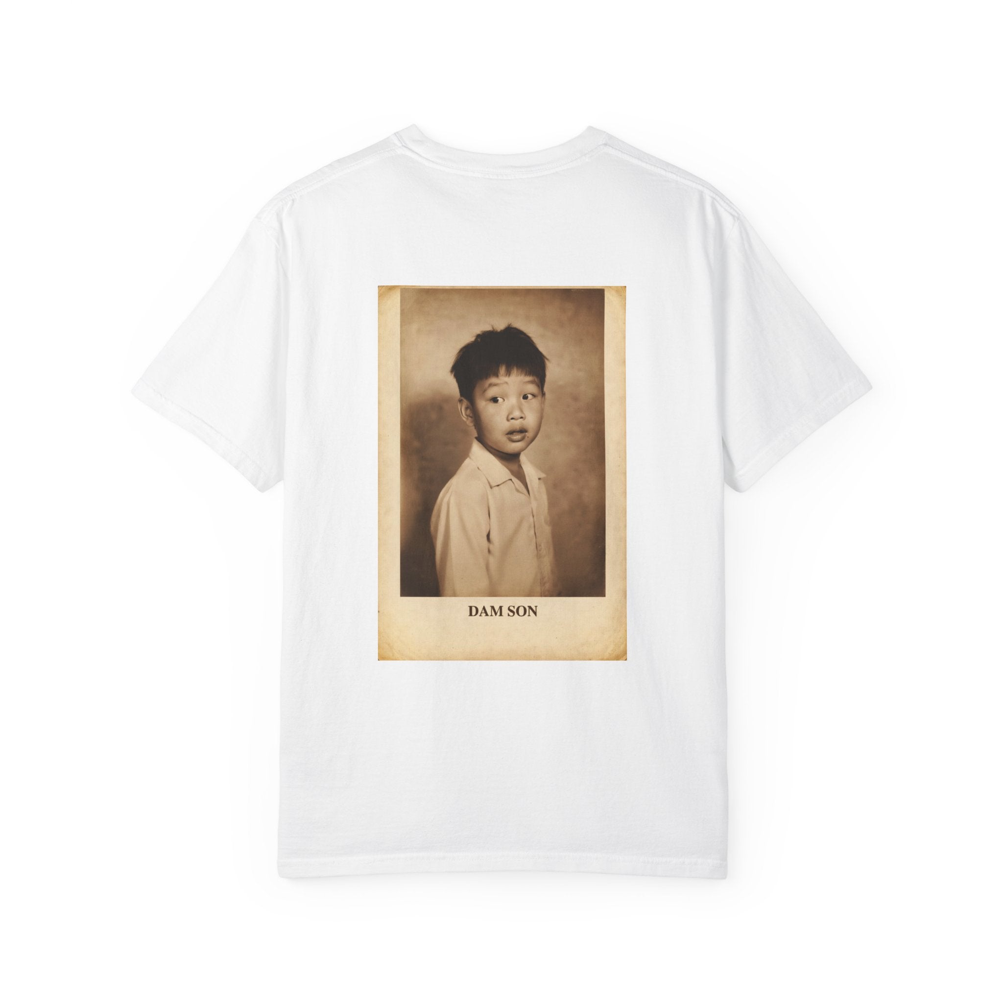 White / Dam Son Funny Yearbook Photo T-Shirt, Retro Asian Kid Playful Graphic Tee - T-Shirt
