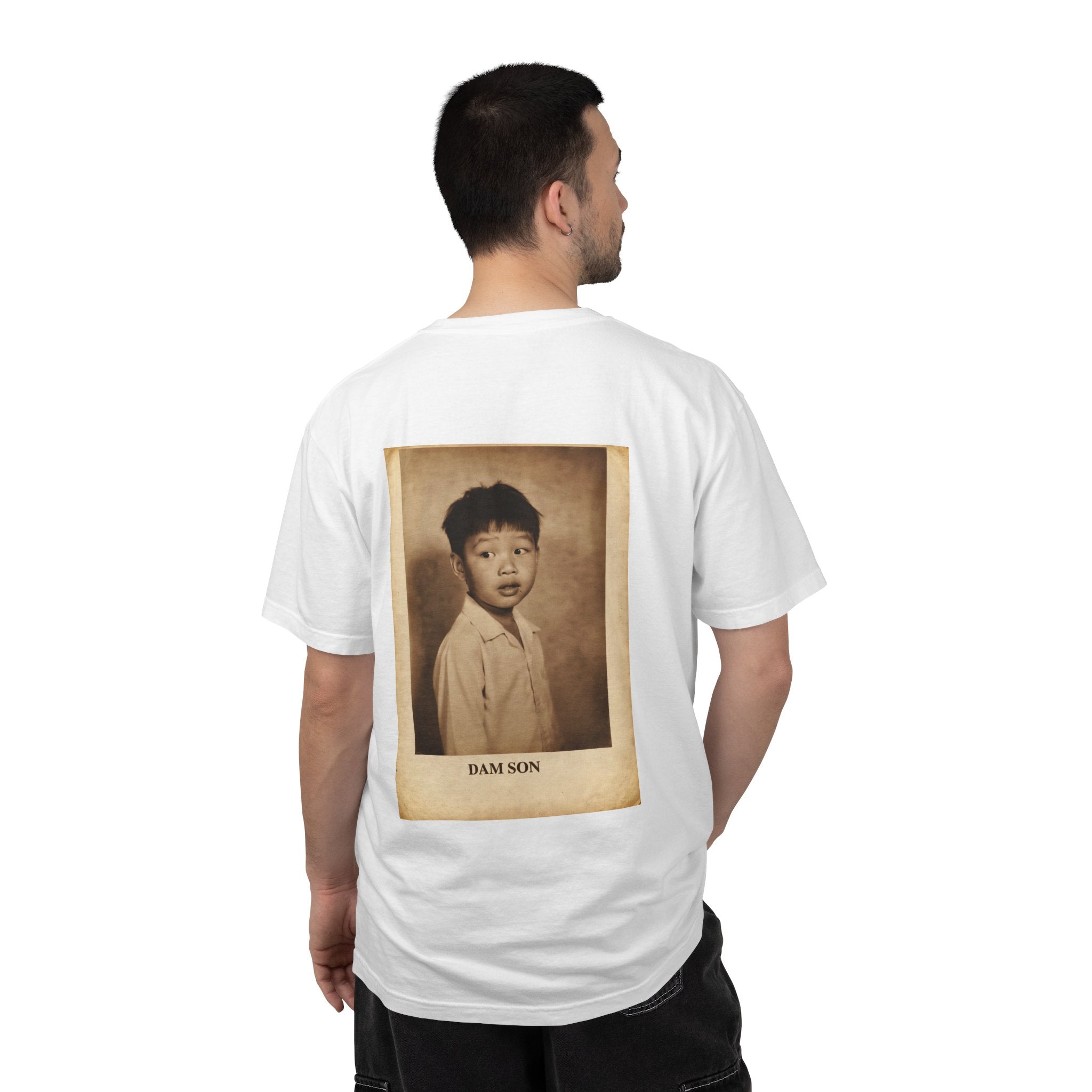 White / Dam Son Funny Yearbook Photo T-Shirt, Retro Asian Kid Playful Graphic Tee - T-Shirt