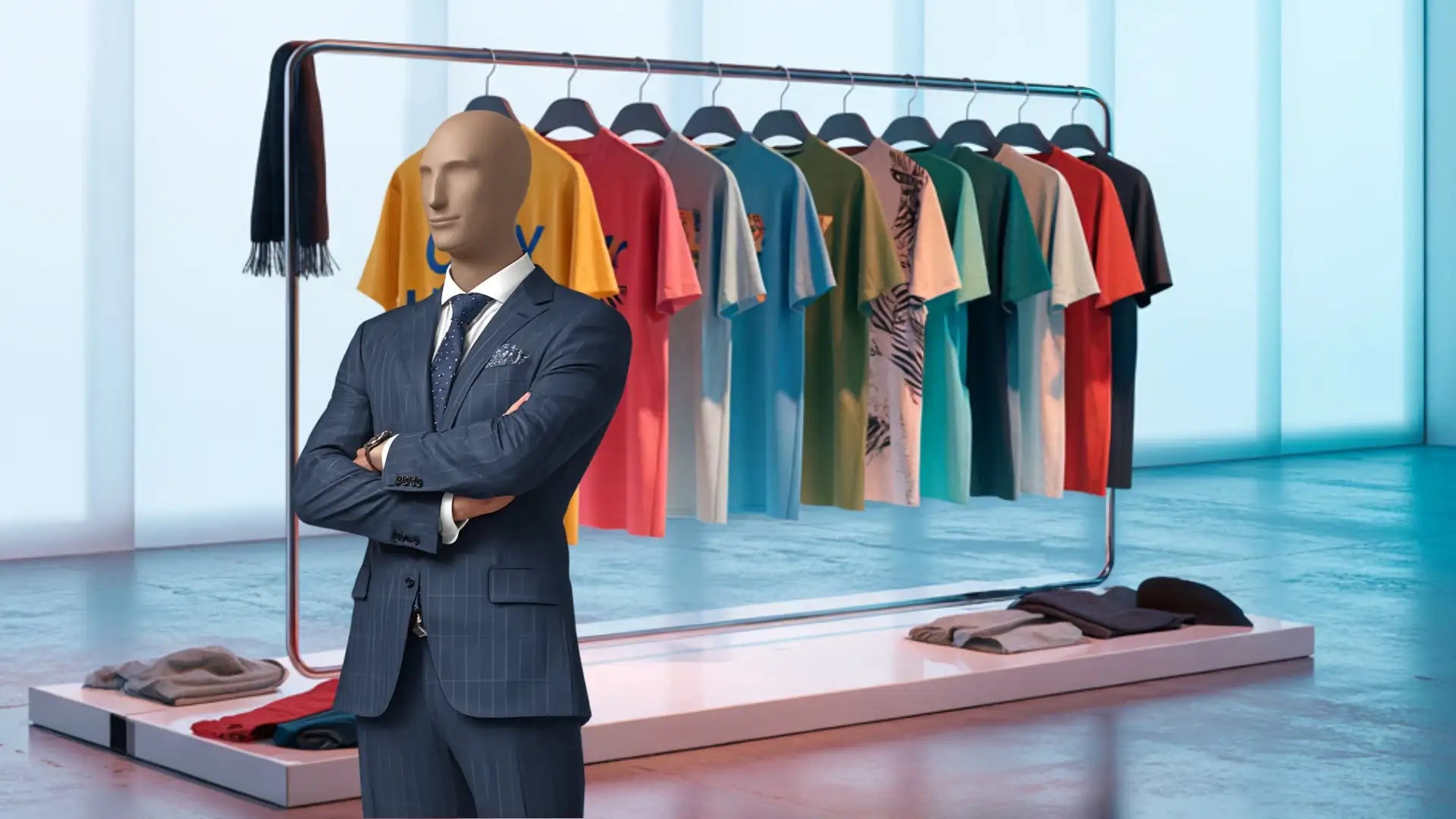 A mannequin dressed in a navy pinstripe suit with a white shirt and patterned tie stands confidently with arms crossed.