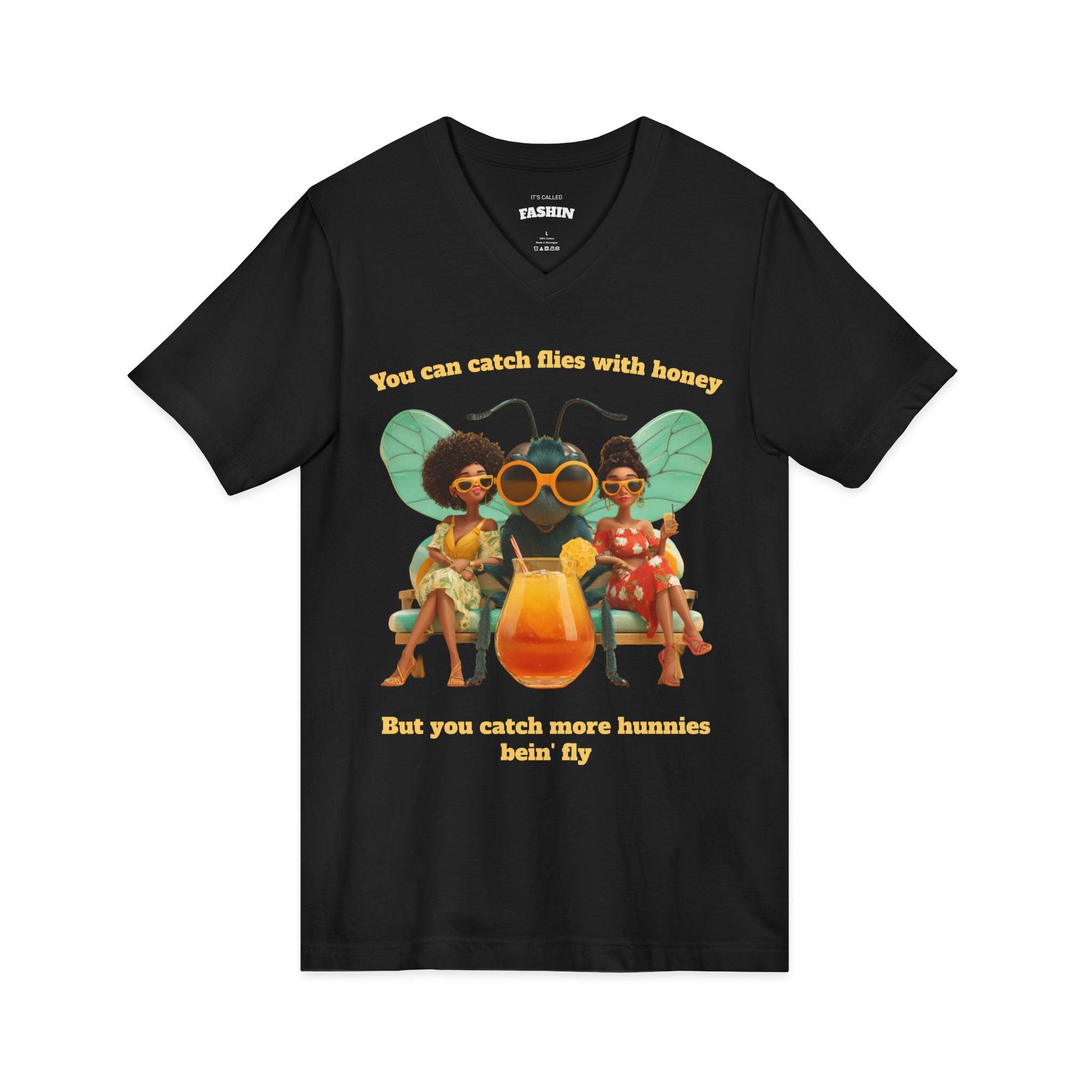 Black / V-Neck: ’Catch More Hunnies’ - Graphic Tee - V-neck