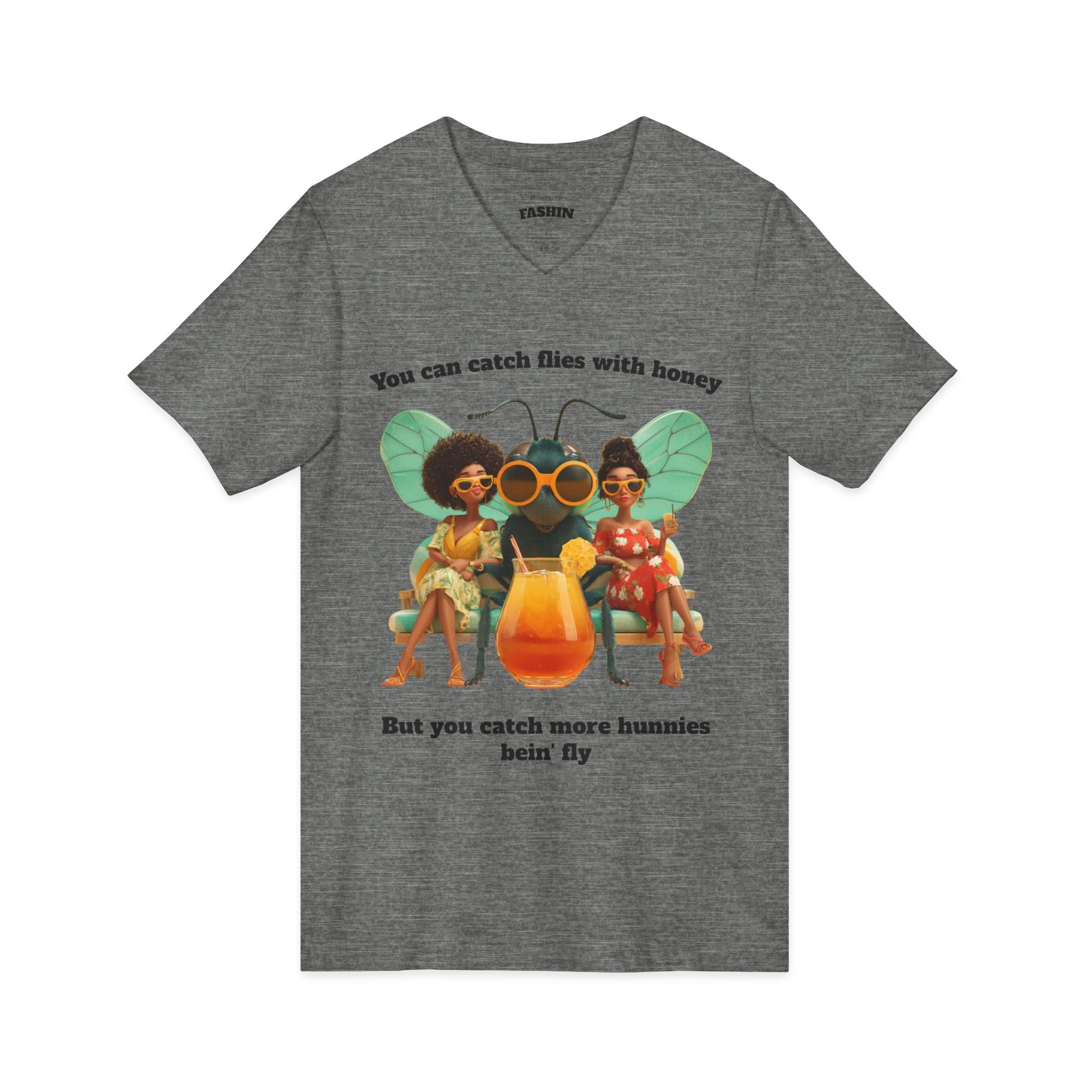 Deep Heather / V-Neck: ’Catch More Hunnies’ - Graphic Tee - V-neck