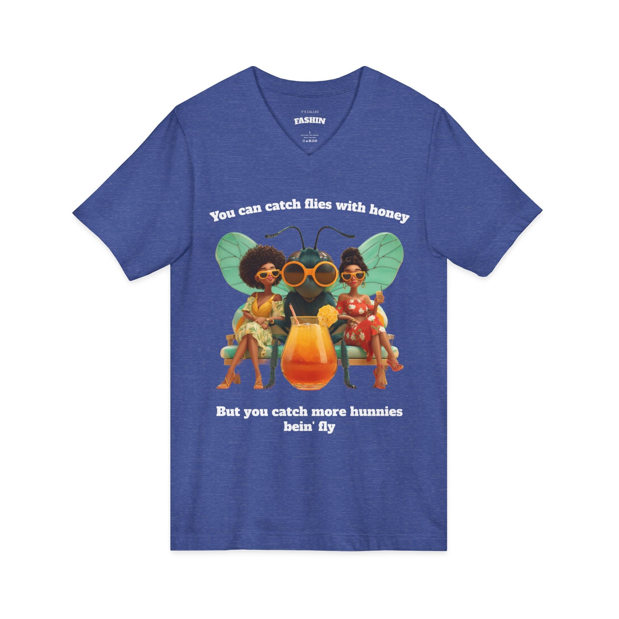 Heather True Royal / V-Neck: ’Catch More Hunnies’ - Graphic Tee - V-neck