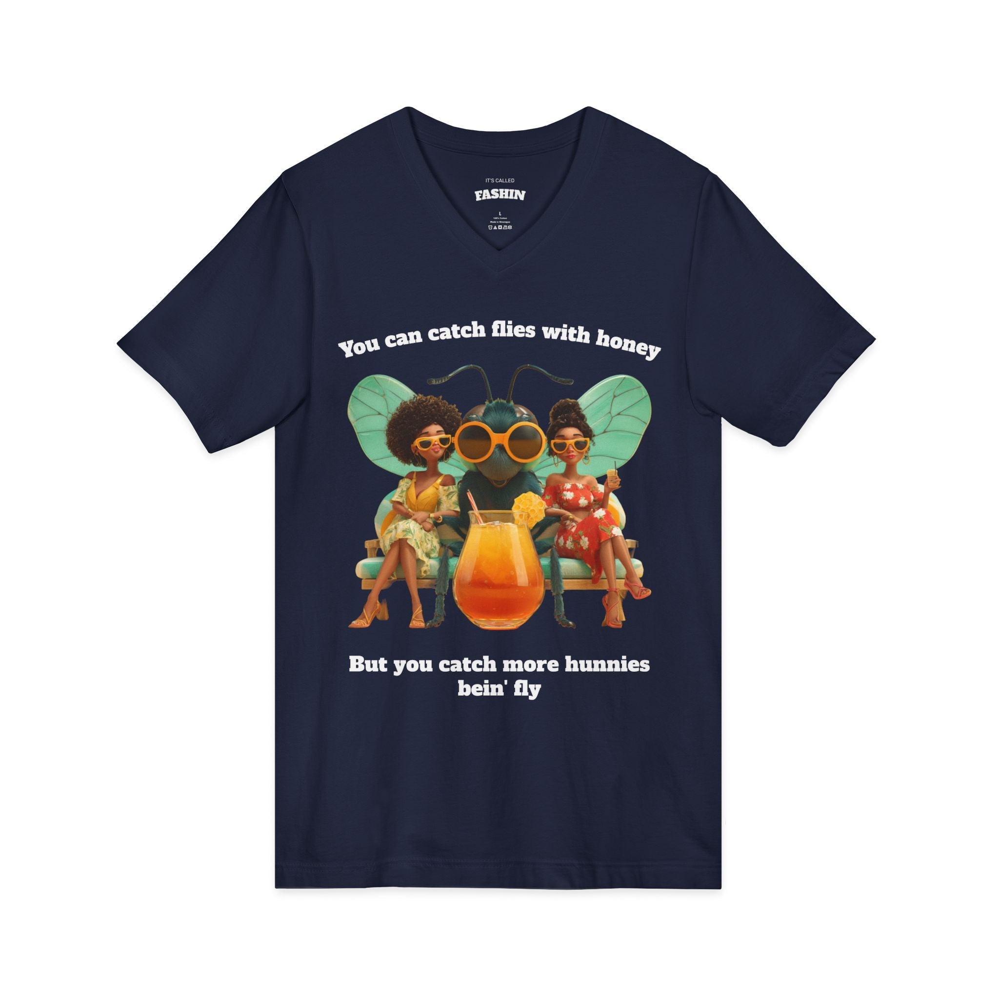 Navy / V-Neck: ’Catch More Hunnies’ - Graphic Tee - V-neck