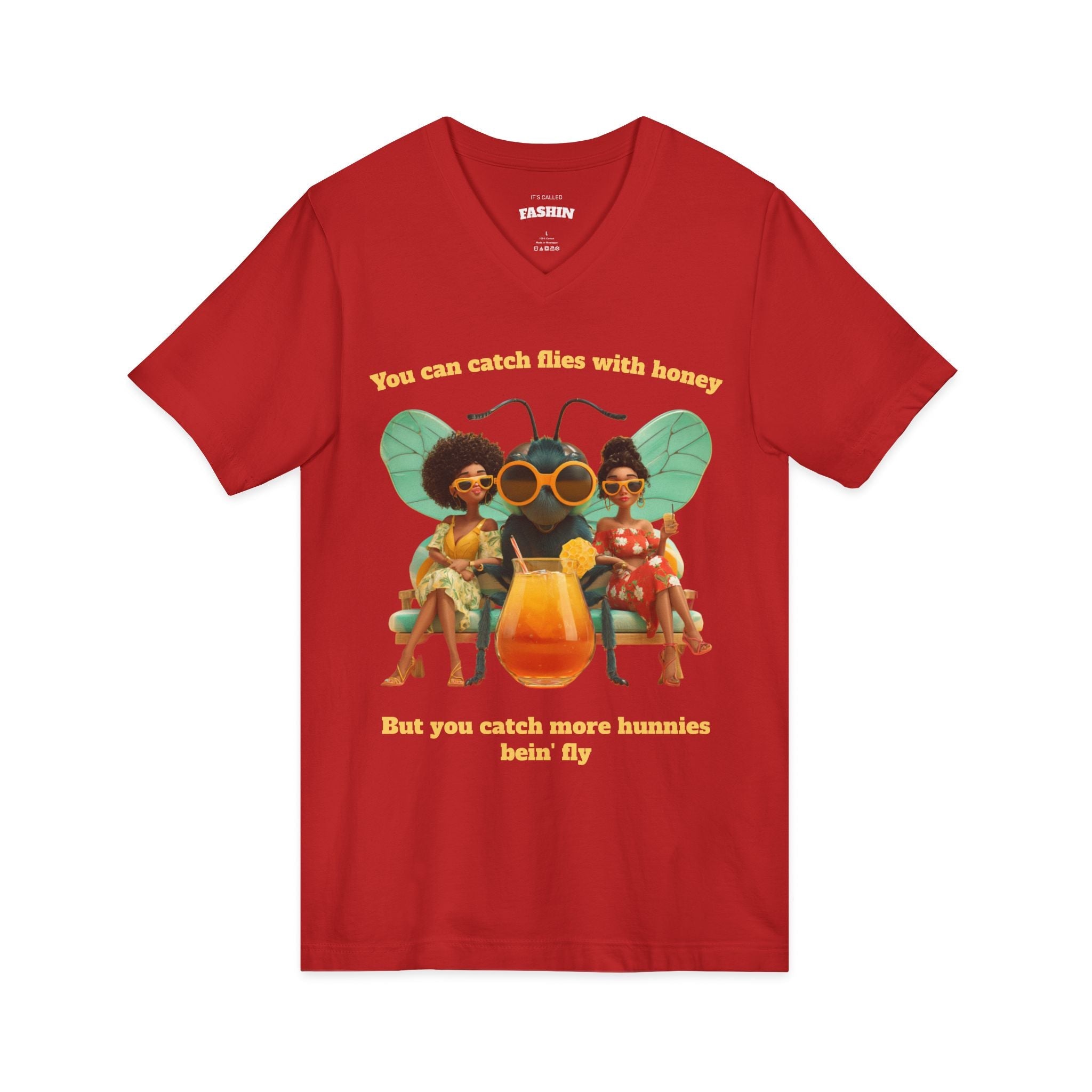 Red / V-Neck: ’Catch More Hunnies’ - Graphic Tee - V-neck